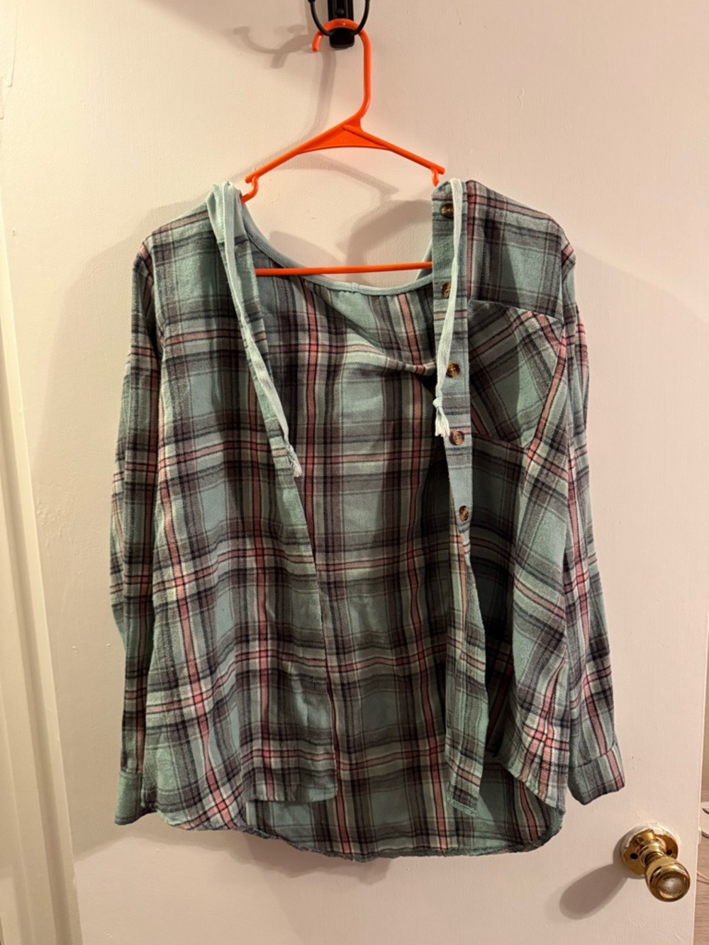 SHEIN Mint Plaid Hooded Button-Down Shirt with Pink Accents